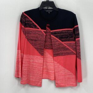 Ming Wang Open Front Cardigan Sweater Black Neon Pink Colorblock Career Small